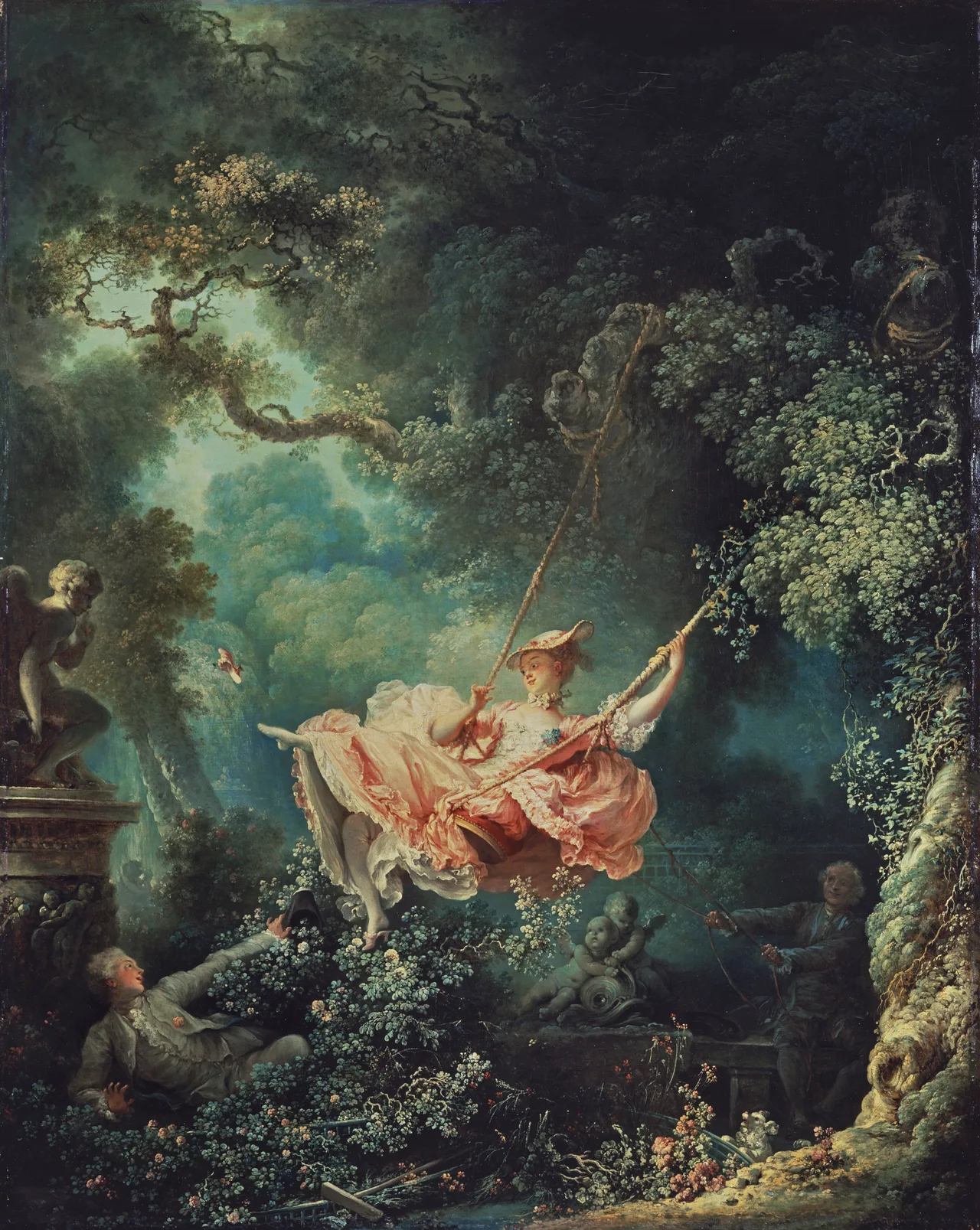 Fragonard's The Swing: a young woman in a pink dress on a garden swing; a young man watches from the bushes while an older figure pushes the swing from behind