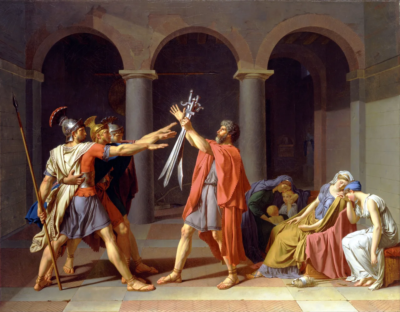 David's Oath of the Horatii: three soldier brothers extending their arms toward the swords their father holds up, beneath three columned arches; a group of grieving women at the right