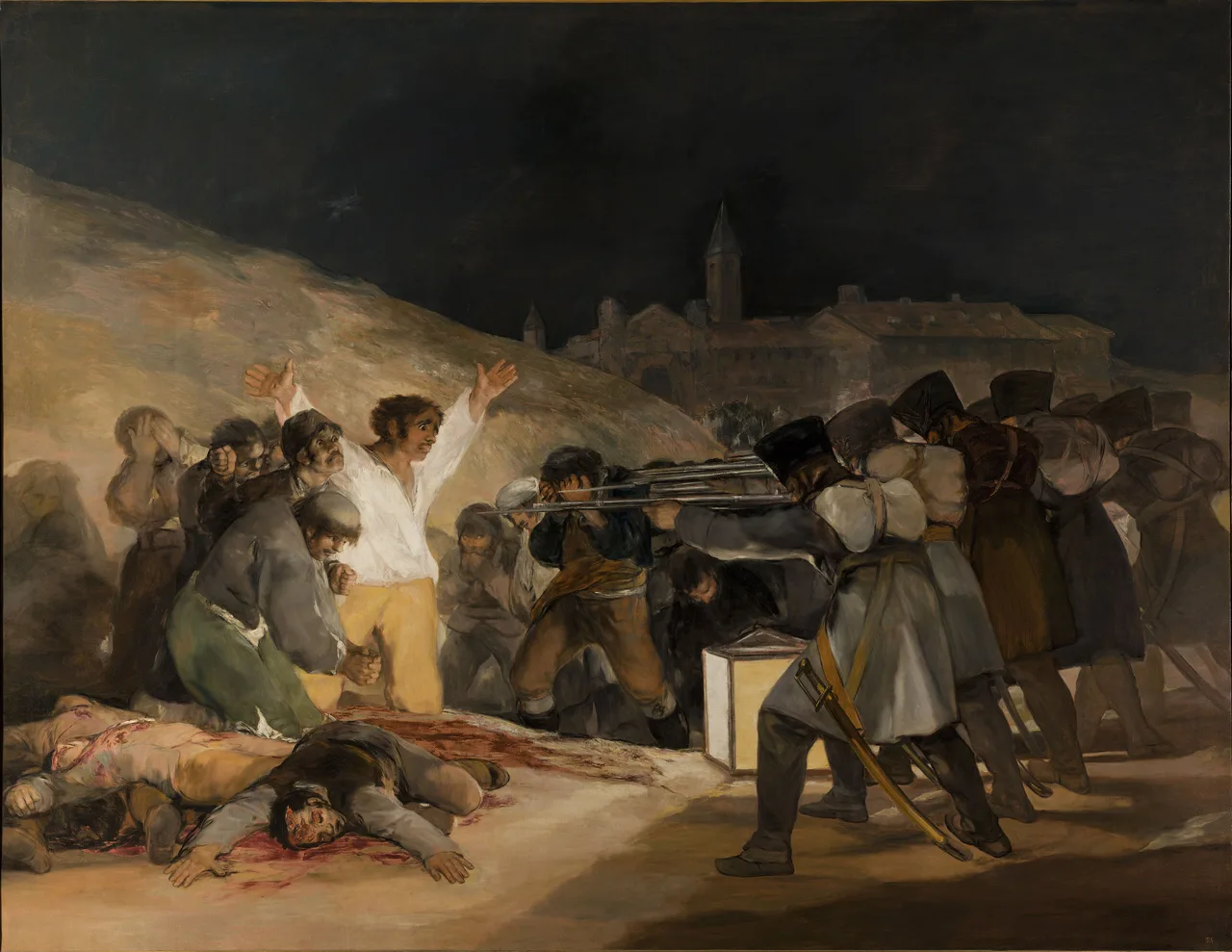 Goya's *The Third of May 1808*: a man in a white shirt with arms raised kneels before a firing squad; bloody bodies lie on the ground, the dark silhouette of the city behind