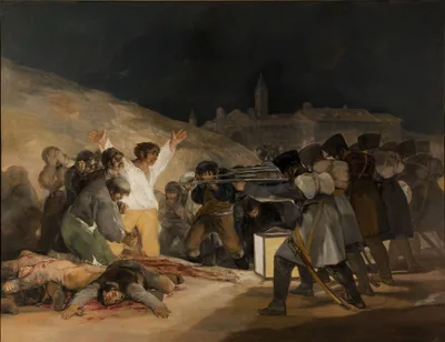 Goya's *The Third of May 1808*: a man in a white shirt with arms raised kneels before a firing squad; bloody bodies lie on the ground, the dark silhouette of the city behind
