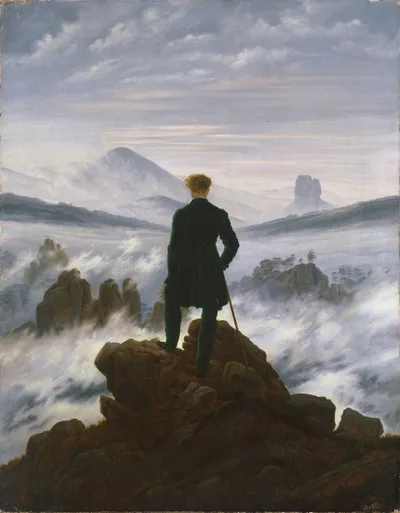 Friedrich's Wanderer above the Sea of Fog: a man with a cane standing atop a rock with his back turned; before him a mountain landscape veiled in fog