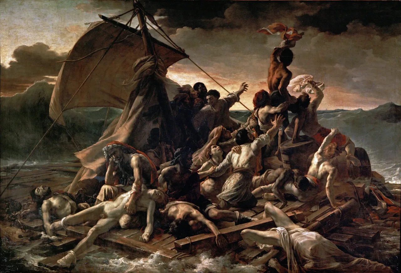 Géricault's Raft of the Medusa: dead and living figures on a raft in heavy seas, with a black sailor at the apex waving a cloth