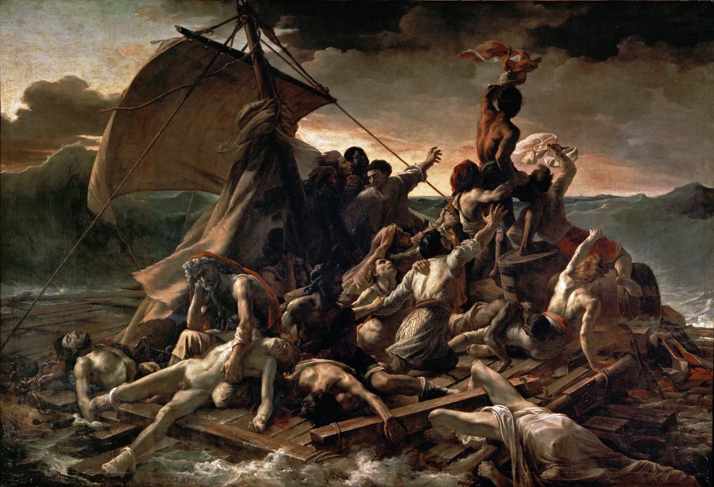 Géricault'nun Médusa Salı: dalgalı denizde bir sal üzerinde ölü ve yaşayan figürler, en tepede mendil sallayan siyahi bir denizci
