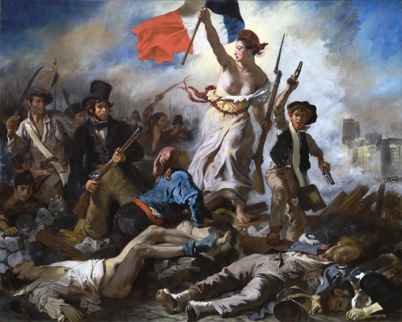 Delacroix's *Liberty Leading the People*: a woman in a Phrygian cap with the French tricolour in one hand and a musket in the other advances over a barricade; armed workers, a bourgeois, and a street boy around her