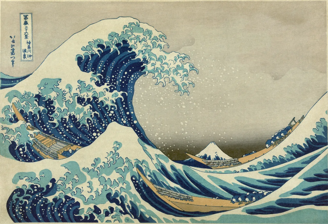 Hokusai's *Great Wave off Kanagawa*: in front a great blue wave curls with claw-like foam; beneath it three fishing boats, in the distance the small snow-capped Mount Fuji