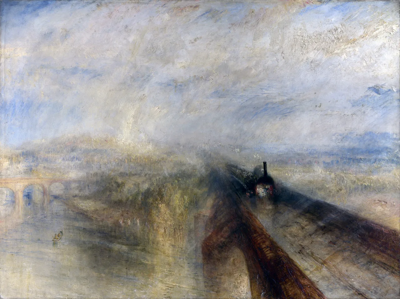 Painting of a steam locomotive emerging through golden-brown mist and rain over a bridge