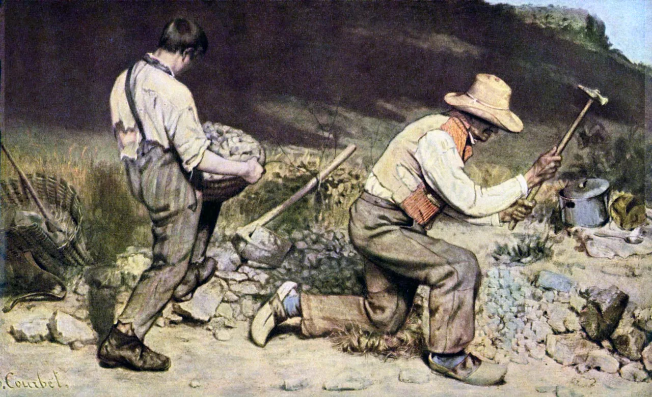 Painting of an elderly man in tattered clothes breaking stones and a young boy carrying a basket of stones on a roadside
