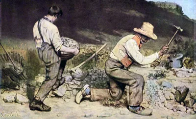 Painting of an elderly man in tattered clothes breaking stones and a young boy carrying a basket of stones on a roadside