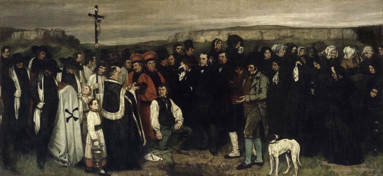 Courbet's A Burial at Ornans: a long funeral procession under a grey sky, with the open grave in the centre and figures carrying a cross