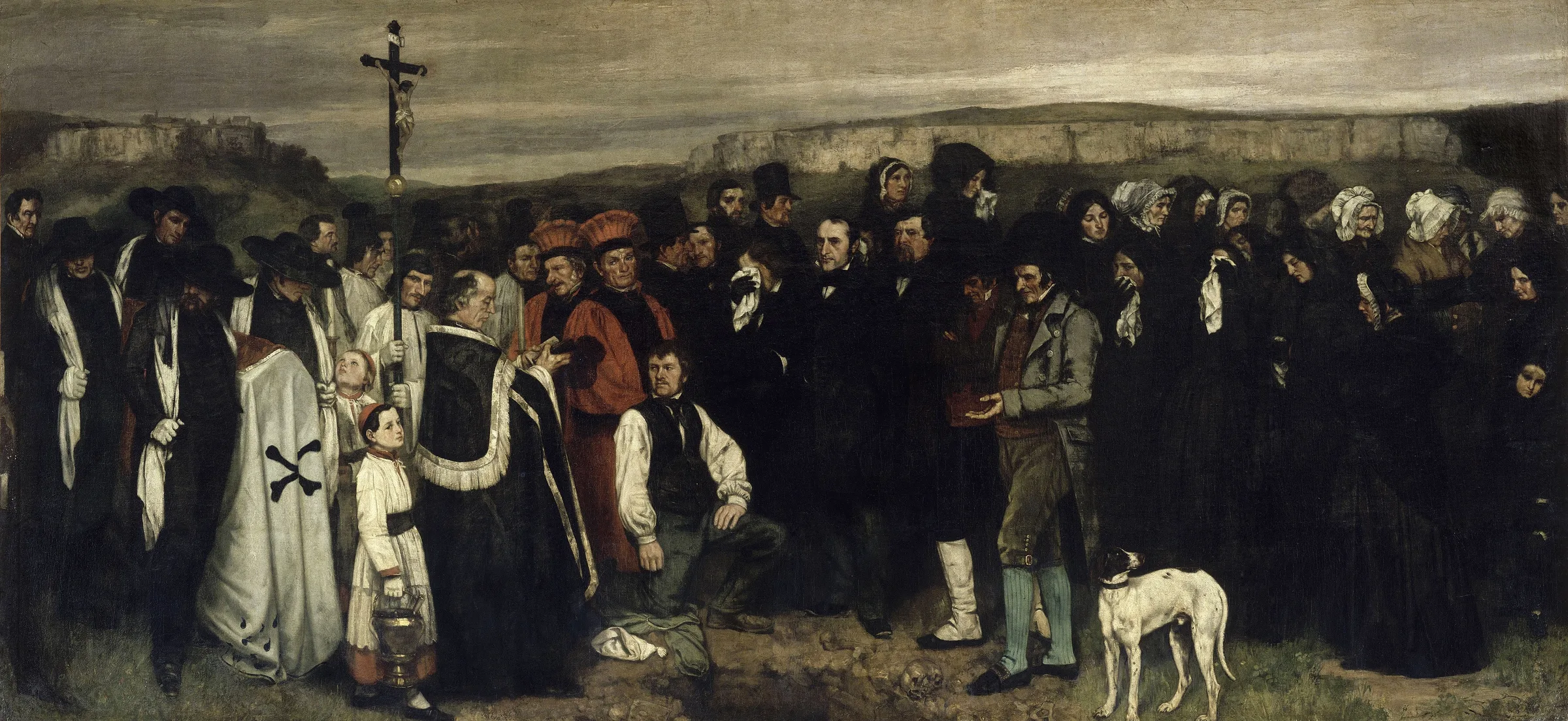 Courbet'nin Ornans'ta Bir Cenaze tablosu: gri gök altında uzun bir cenaze alayı, ortada açık mezar ve çapraz taşıyan figürler