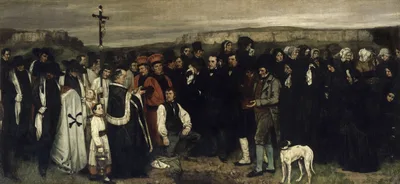 Courbet's A Burial at Ornans: a long funeral procession under a grey sky, with the open grave in the centre and figures carrying a cross
