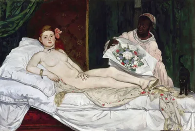 Manet's Olympia: a nude woman reclining on a bed looking directly at the viewer; beside her a maid bringing a bouquet and a black cat
