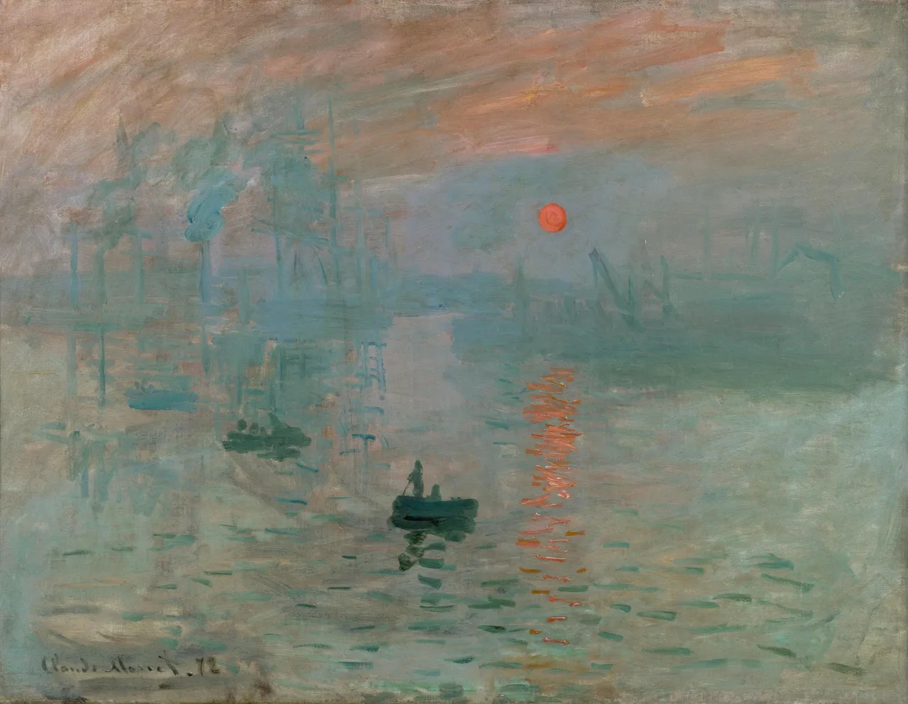Monet's Impression, Sunrise: an orange sun in a hazy harbour, its light reflected on the water, with boats in silhouette