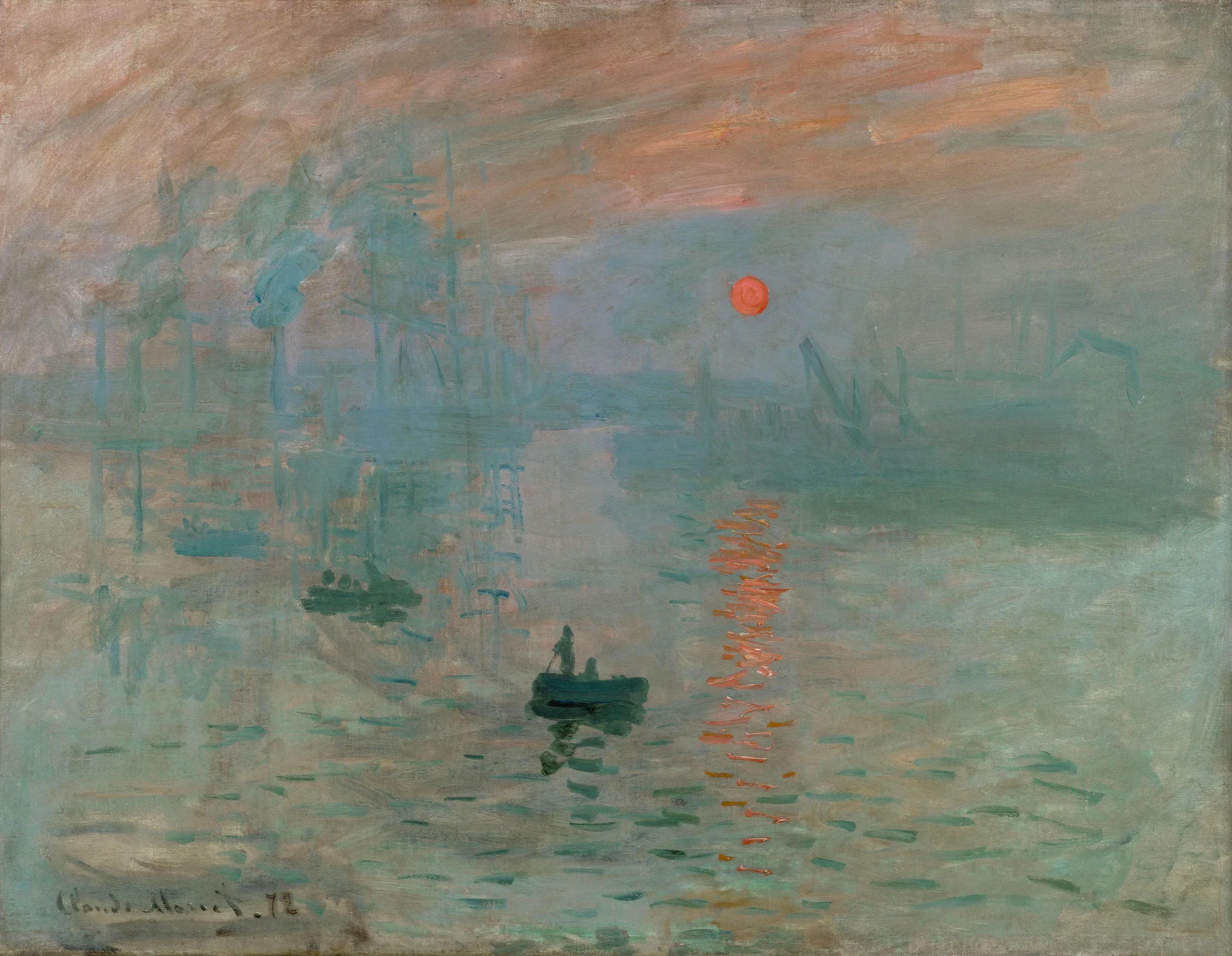 Monet'nin İzlenim, Gün Doğumu: sisli limanda turuncu güneş, suya yansıyan ışık ve siluet hâlinde tekneler