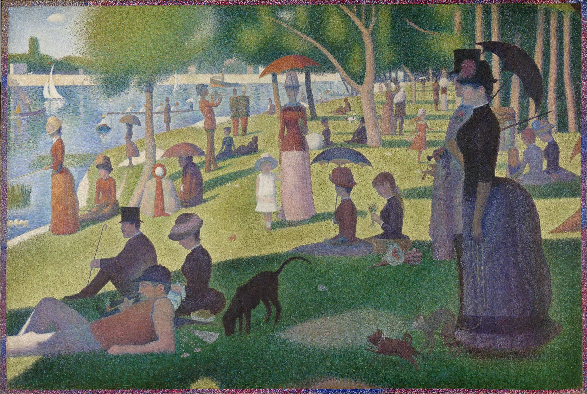 A Sunday on the island of La Grande Jatte: women with parasols in tree shadow, seated and reclining figures, sailboats on the water