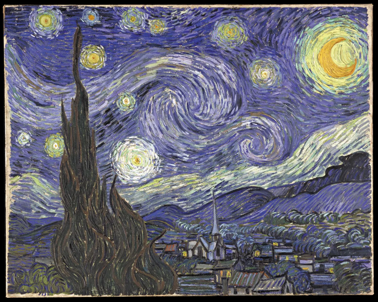 Van Gogh's Starry Night: a tall cypress in the foreground, a sleeping town below, and a night sky flowing in spirals above