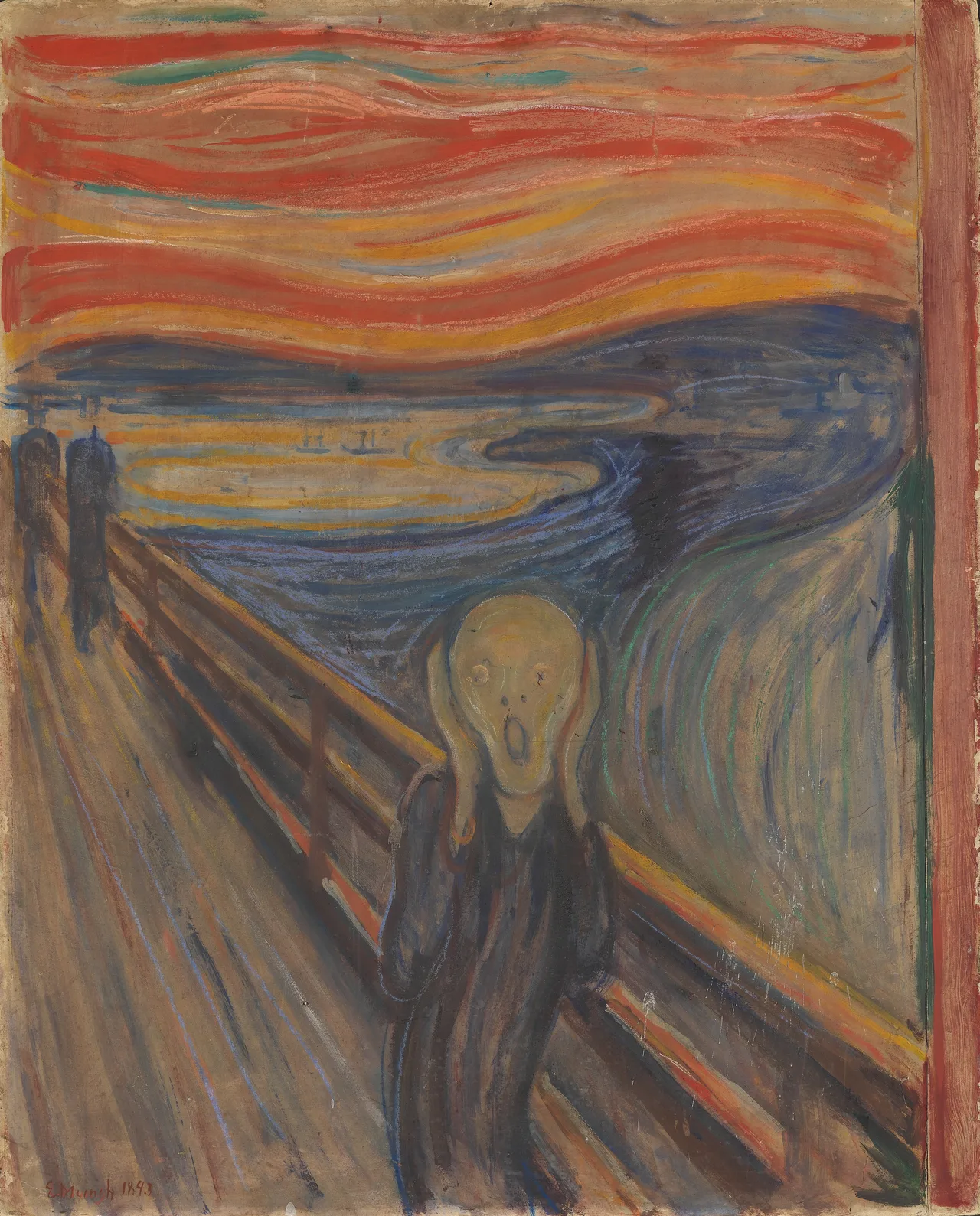 Munch's The Scream: a single figure on a bridge stopping its ears under a red-orange sky