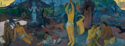 Gauguin's wide horizontal canvas: in a Tahitian landscape, an infant at right, a figure picking fruit at centre, a hunched old woman at left; flat fields of blue, green, and orange