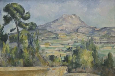 Cézanne's Mont Sainte-Victoire: a landscape built from planes of colour; houses on the plain, trees, and the distant mountain worked in the same brush texture