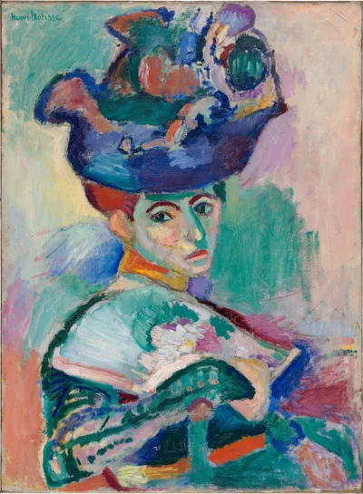 Matisse's Woman with a Hat: a portrait of a woman in a large ornate hat; face and background painted in strokes of green, purple, orange, and blue