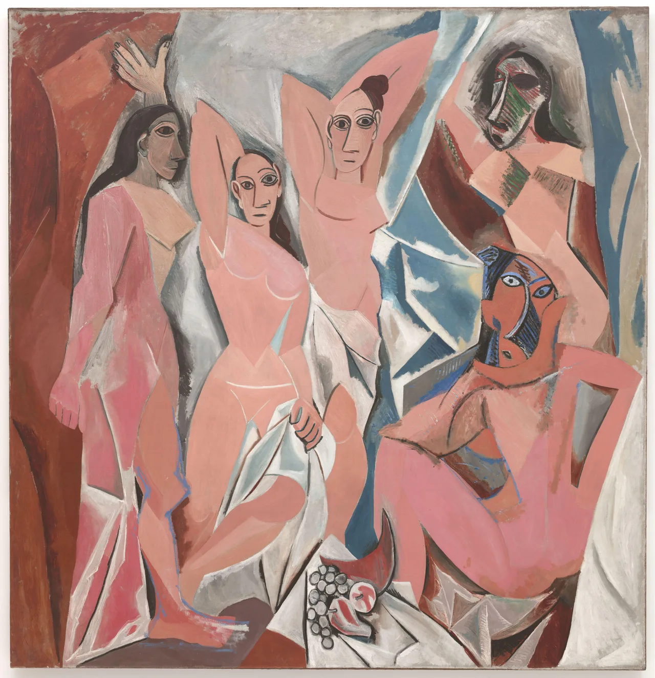 Picasso's Les Demoiselles d'Avignon: five nude female figures with angular planes and mask-like faces, turned toward the viewer