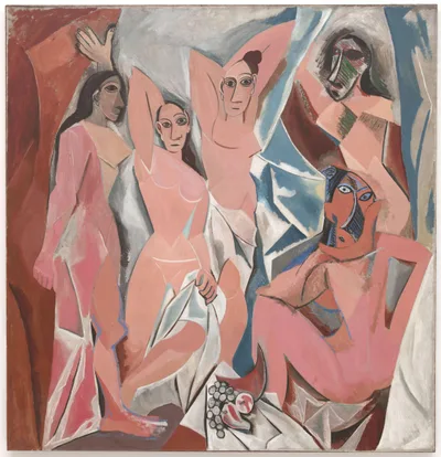 Picasso's Les Demoiselles d'Avignon: five nude female figures with angular planes and mask-like faces, turned toward the viewer
