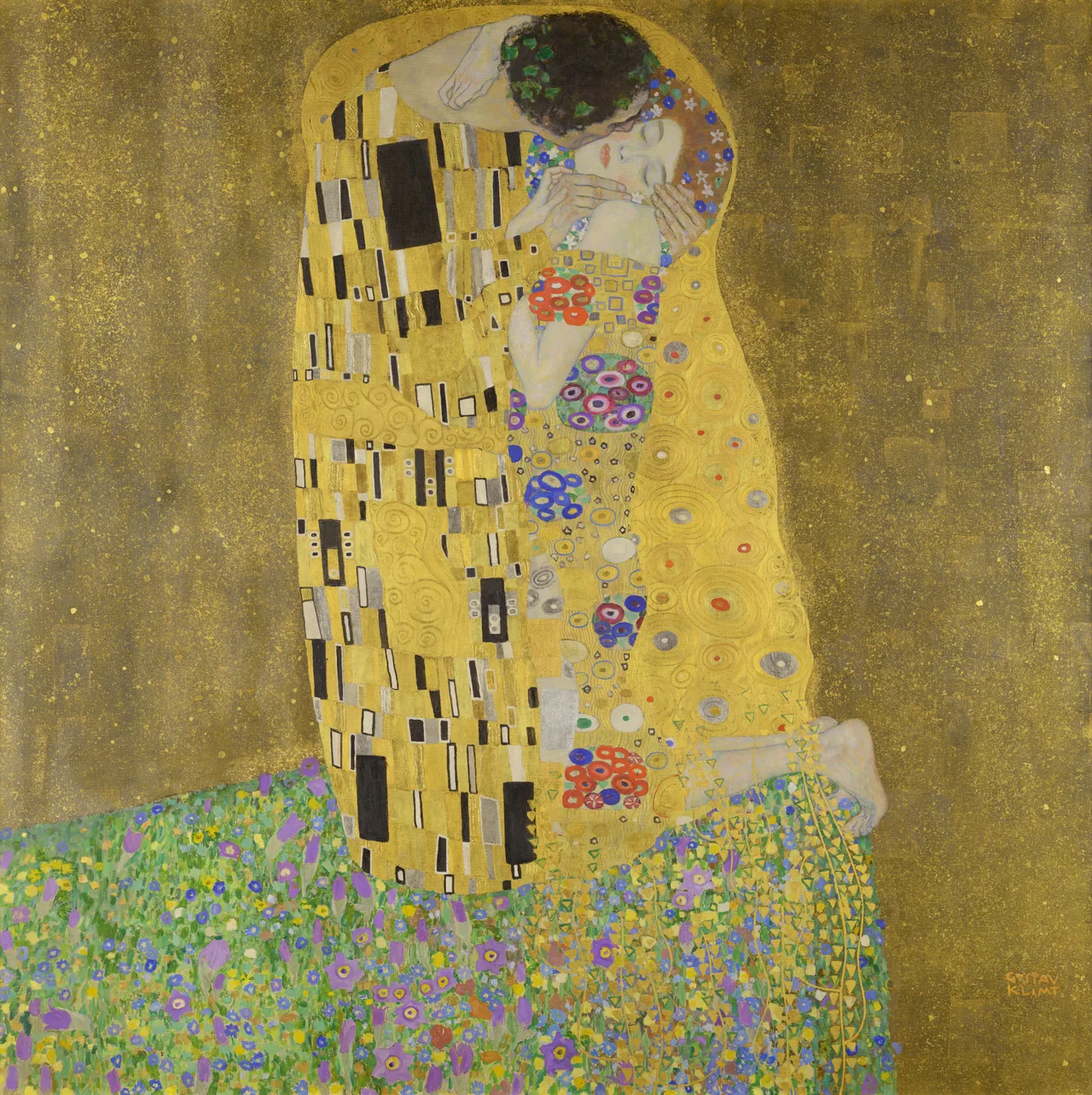 Klimt's The Kiss: a couple kneeling in a field of flowers, wrapped in a gold-leaf robe