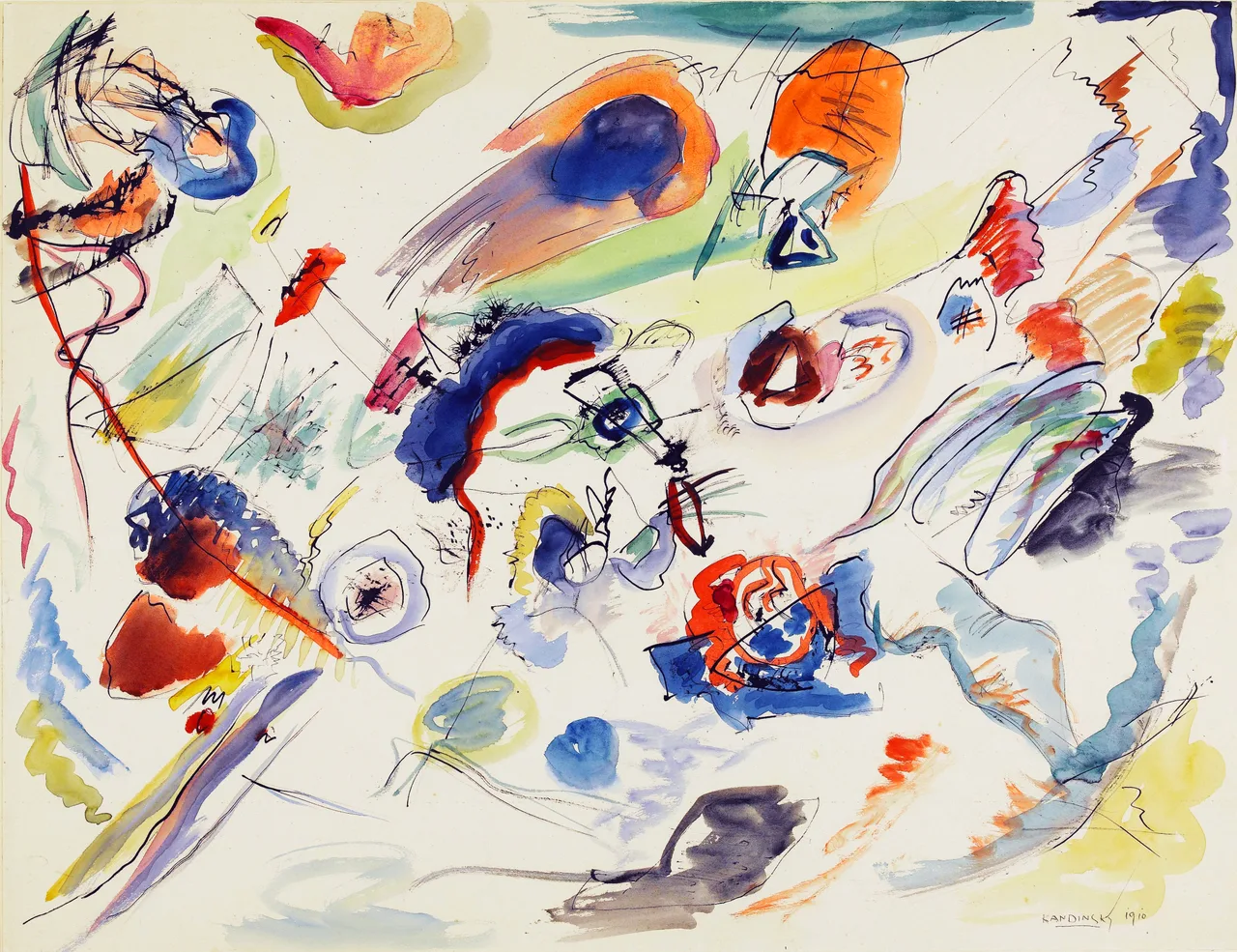 Abstract watercolor painting on paper consisting of chaotic lines and splashes of blue, yellow, and red color