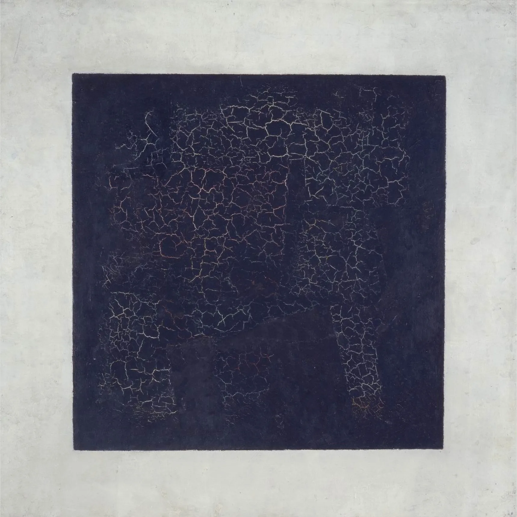 Malevich's Black Square: a roughly brushed black square on a white canvas, edges slightly cracked