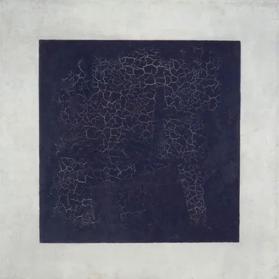 Malevich's Black Square: a roughly brushed black square on a white canvas, edges slightly cracked
