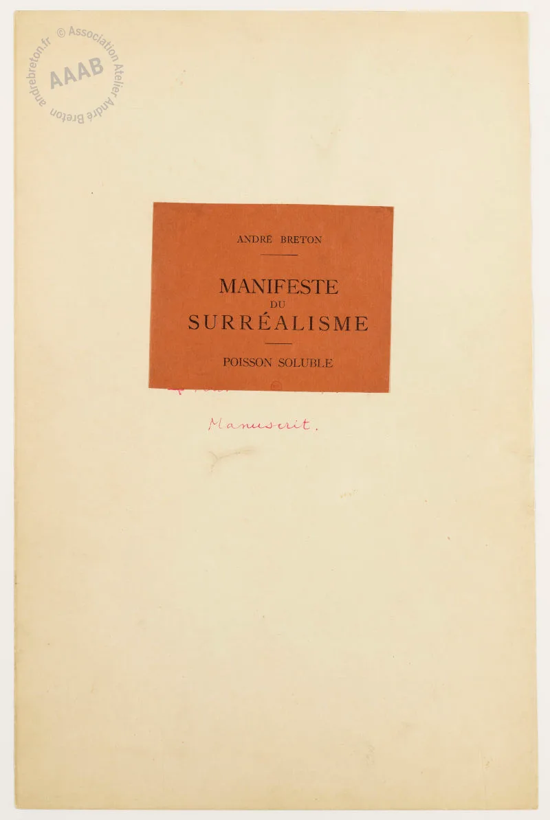 Cover page of the first edition of the Surrealist Manifesto from 1924, showing printed text