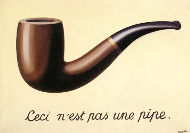 Magritte's Treachery of Images: a detailed painting of a pipe on a neutral ground, with the French inscription 'This is not a pipe' beneath