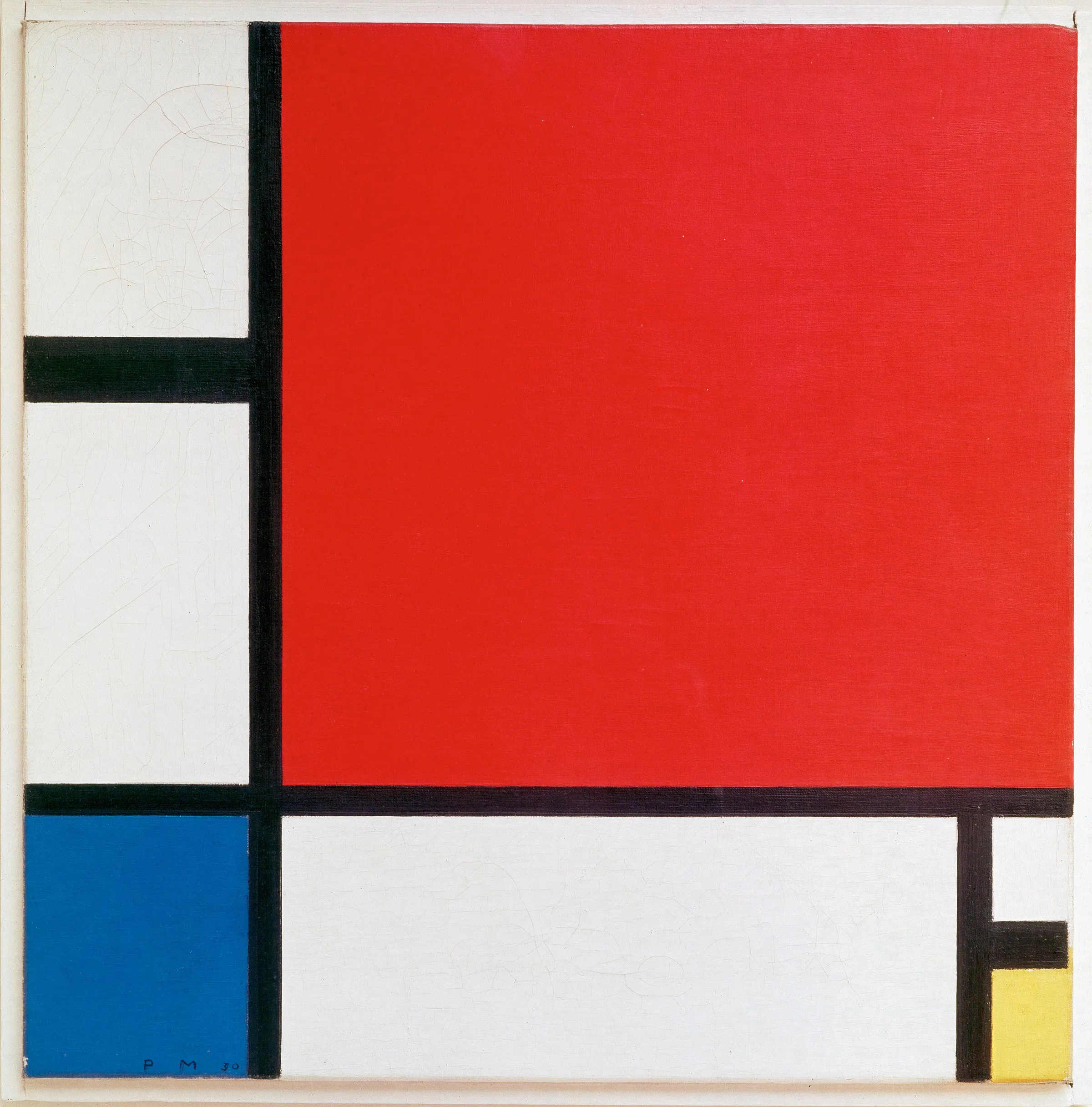 Mondrian's composition: thick black horizontal and vertical lines on a white ground; a large red square at upper right, small yellow and blue fields below
