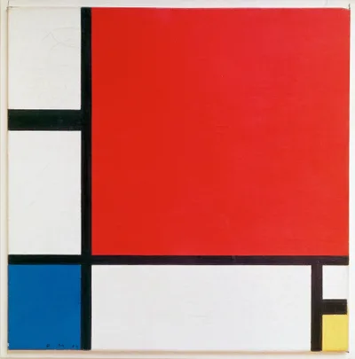 Mondrian's composition: thick black horizontal and vertical lines on a white ground; a large red square at upper right, small yellow and blue fields below