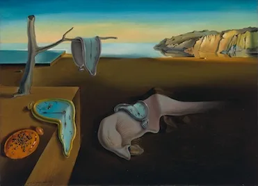 Dalí's The Persistence of Memory: three melting watches on a bare coastline, a melted human face in the centre, and on the left a closed watch covered in ants