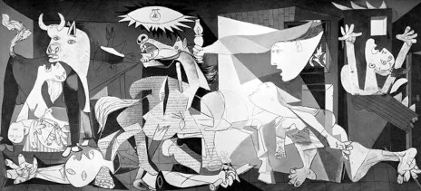 Picasso's Guernica: in black, white, and grey — a screaming horse, a bull, a mother holding her dead child, and a figure falling from a burning building