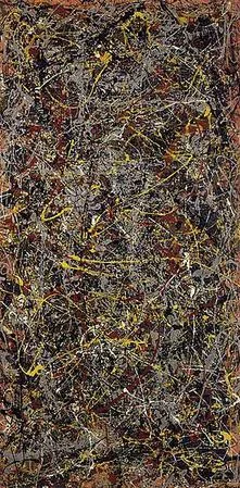 Pollock's No. 5, 1948: a dense web of yellow, white, and brown dripped paint on a dark ground