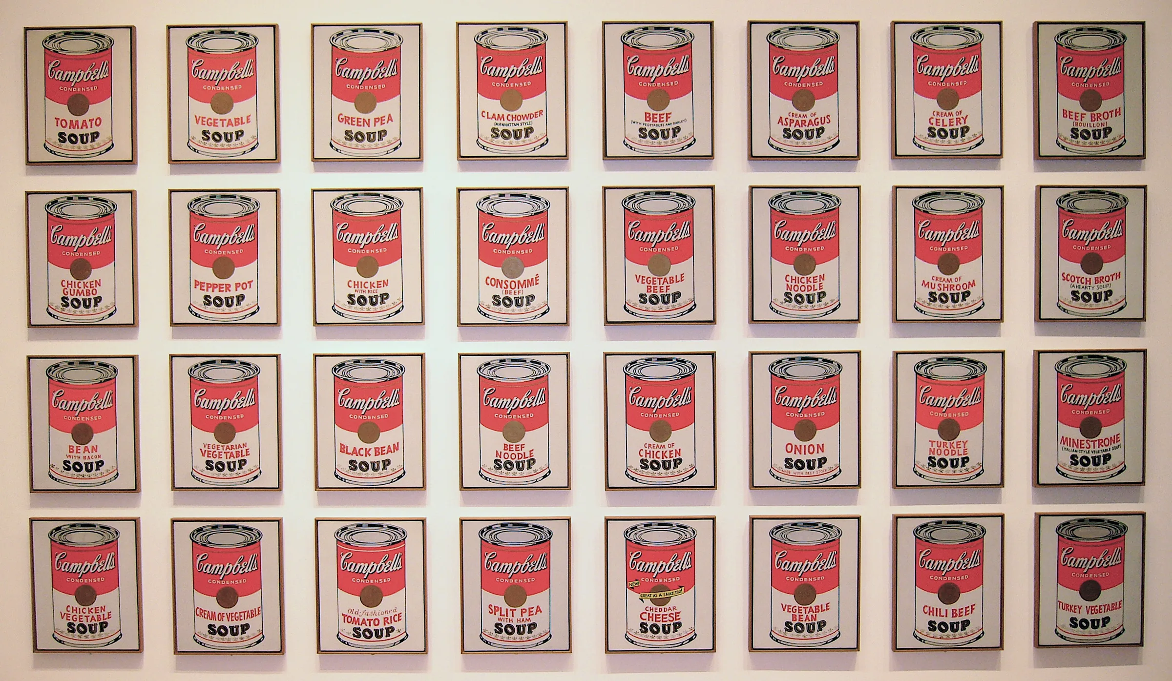 Andy Warhol'un "Campbell Çorba Kutuları" (1962): birer birer asılmış 32 tuvalden oluşan dizi, Modern Sanat Müzesi'nde