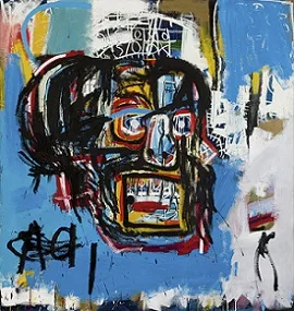 Basquiat's Untitled (Skull): on a dark ground, a large skull facing the viewer, painted in yellow, blue, and red strokes