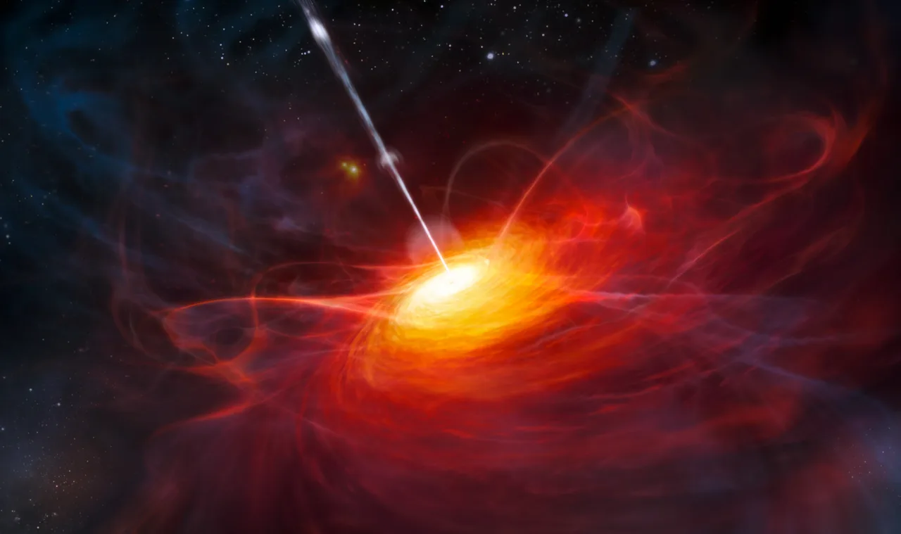 Artist's rendering of quasar ULAS J1120+0641: a bright accretion disc around a supermassive black hole, set against the gas and starlight of the early universe