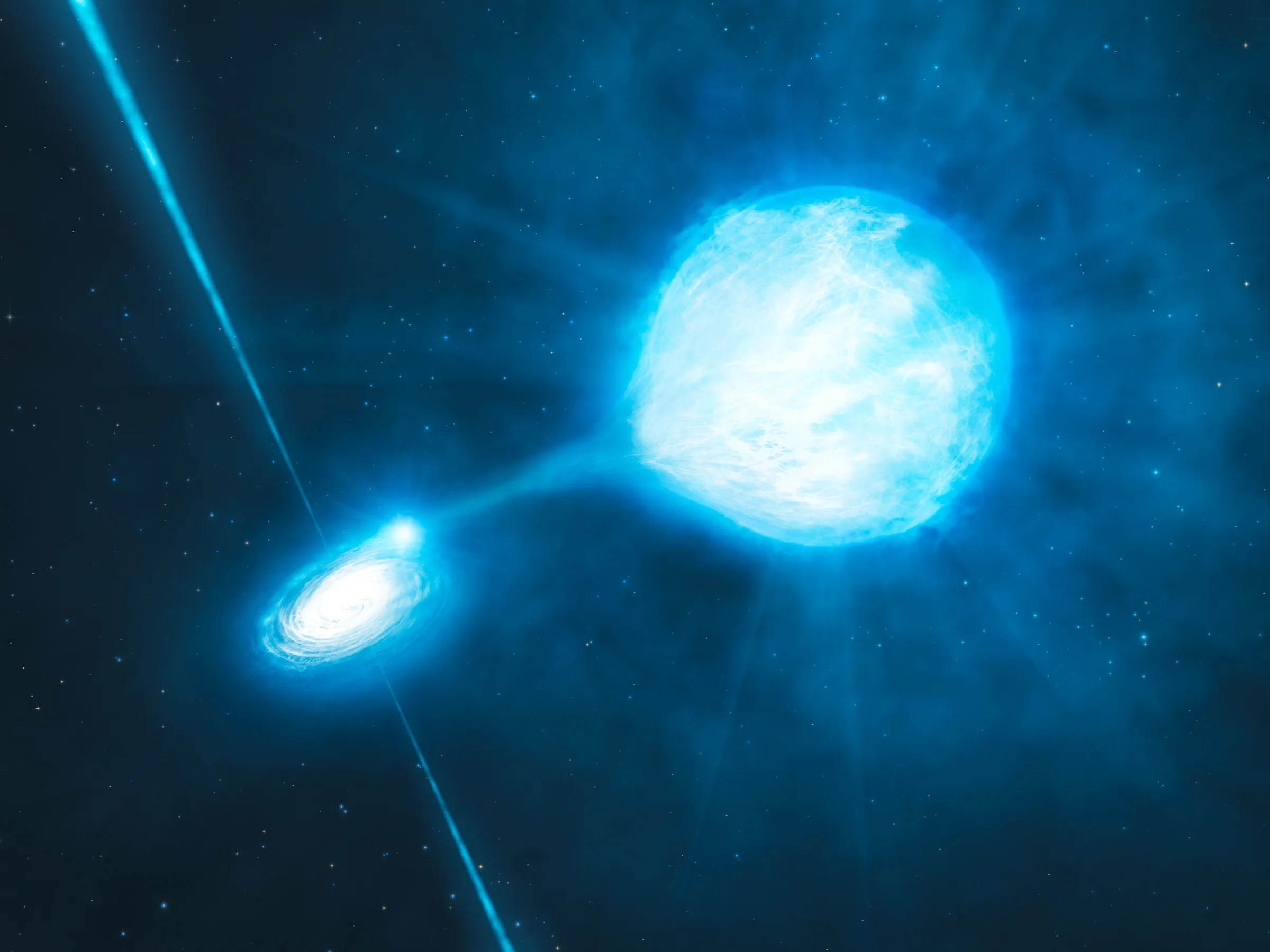 Artist's rendering of a black hole drawing matter from its massive blue companion star in a spiral accretion disc; stars in background