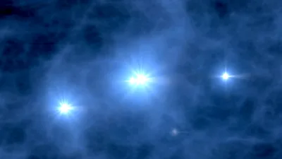 Artist's rendering of a cluster of just-ignited first stars throwing brilliant blue-white light through a dark cloud of gas