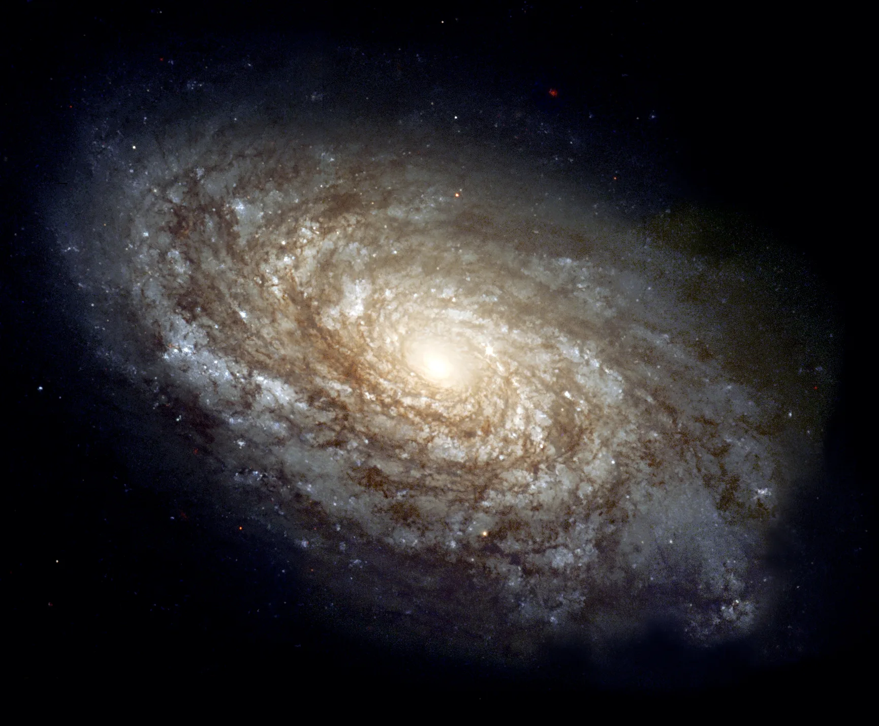 Hubble Uzay Teleskobu'nun çektiği, gaz bantları ve pembe-mavi yıldız oluşum bölgeleriyle kaplı NGC 4414 sarmal galaksisi