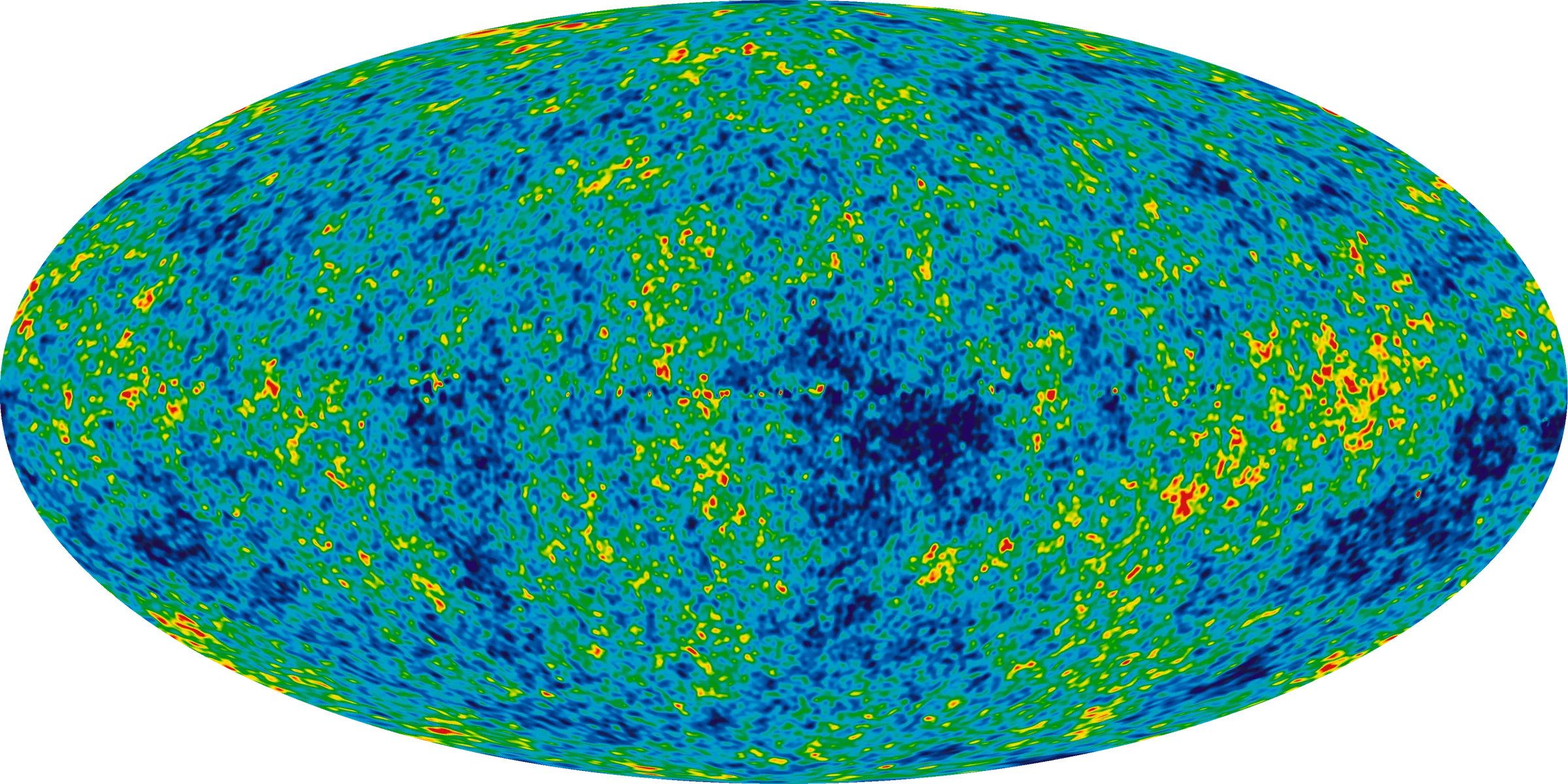 Oval all-sky map of the cosmic microwave background showing tiny temperature fluctuations