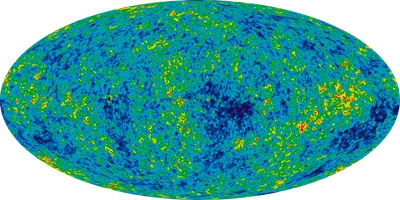 Oval all-sky map of the cosmic microwave background showing tiny temperature fluctuations