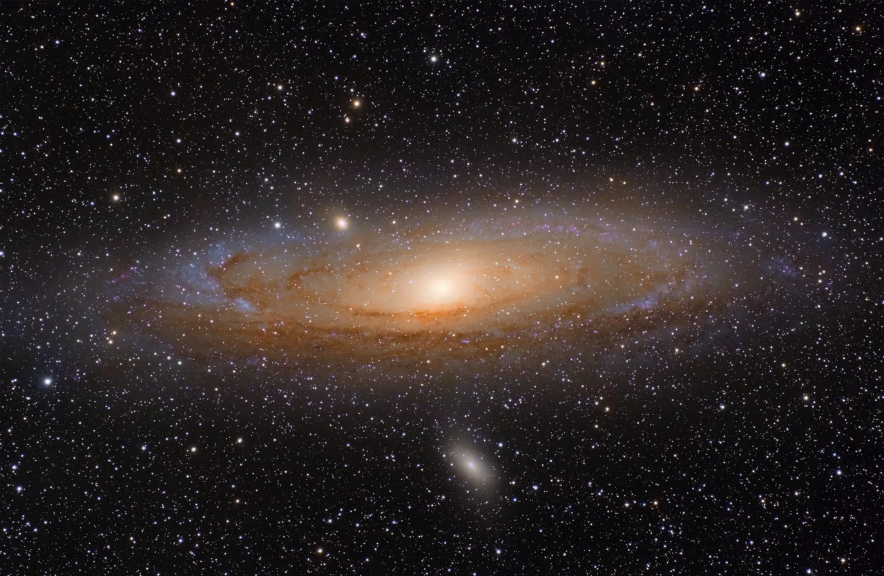 The Andromeda Galaxy (M31) — a deep-sky photograph showing its spiral arms at an angle