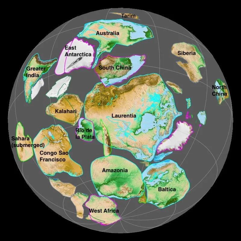 Geological reconstruction map showing the continental configurations of the Rodinia supercontinent about 900 million years ago