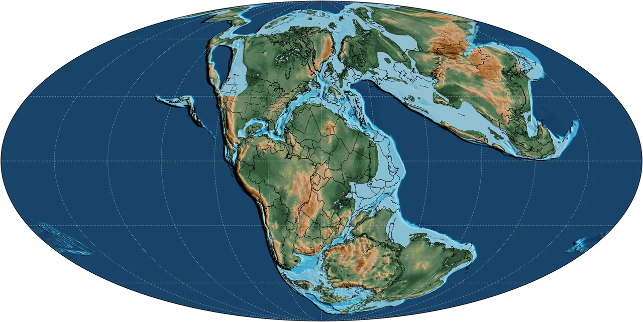 Yaklaşık 170 milyon yıl önceki Dünya'nın Mollweide projeksiyonlu paleocoğrafya haritası; Pangaea'nın parçalanma sürecinin orta Jura aşaması
