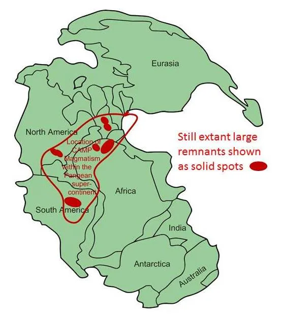 Paleogeographic map of Pangaea showing the extent of the Central Atlantic Magmatic Province volcanism