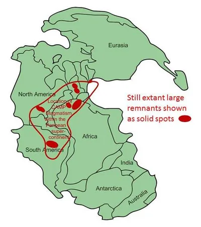 Paleogeographic map of Pangaea showing the extent of the Central Atlantic Magmatic Province volcanism